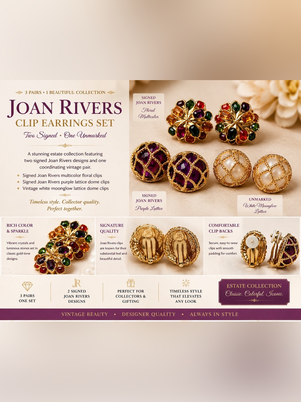 Joan Rivers Faux Pearl & Multi Color Earrings and Purple Lattice Set